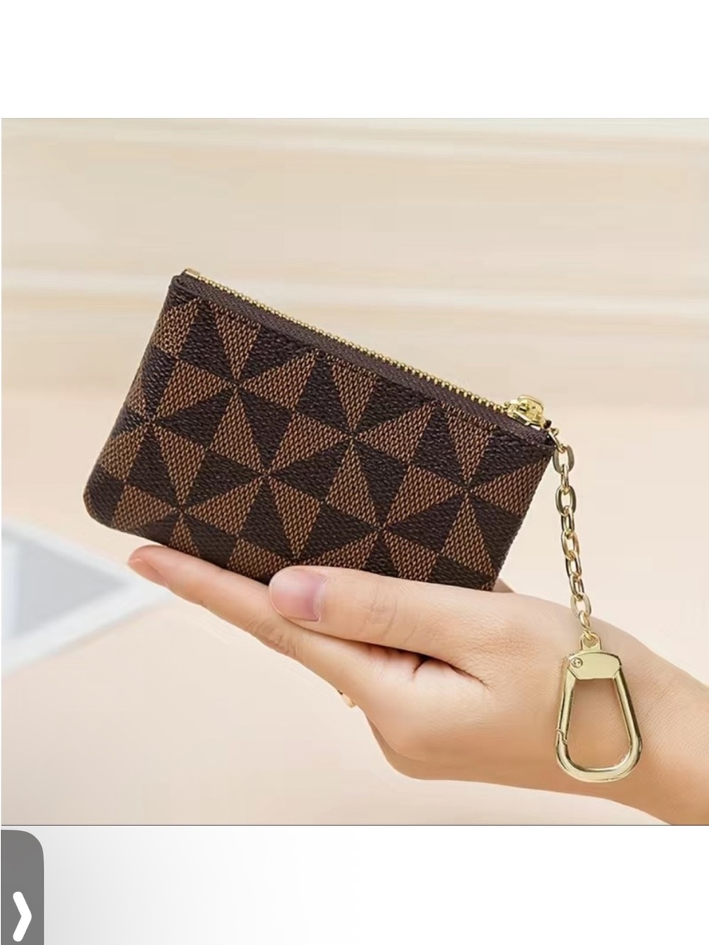 Brown Geometric Pattern Coin Pouch with Goldtone Keychain